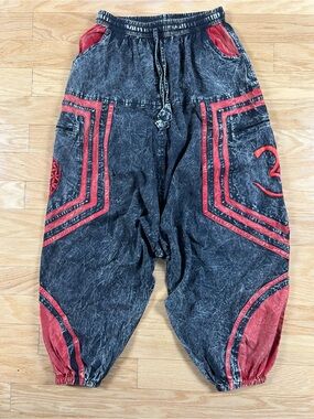 Himalaya Handmade S/M Om Harem Pants in Black and Red Acid Wash